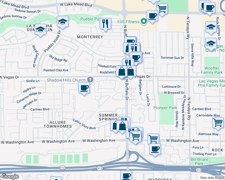 map of restaurants, bars, coffee shops, grocery stores, and more near 7701 Himalayas Avenue in Las Vegas