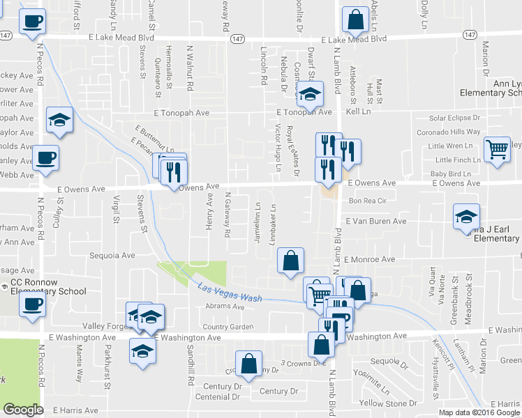 map of restaurants, bars, coffee shops, grocery stores, and more near 1560 Jamielinn Lane in Las Vegas