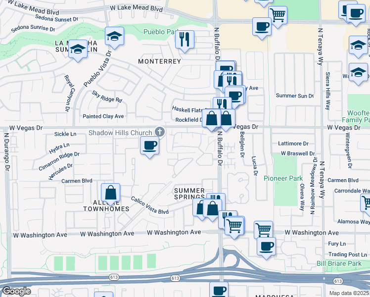 map of restaurants, bars, coffee shops, grocery stores, and more near 7708 Himalayas Avenue in Las Vegas
