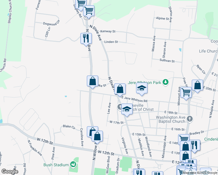 map of restaurants, bars, coffee shops, grocery stores, and more near 192 Cooke Street in Cookeville