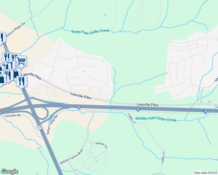 map of restaurants, bars, coffee shops, grocery stores, and more near 407 Wooden Shoe Way in Lebanon