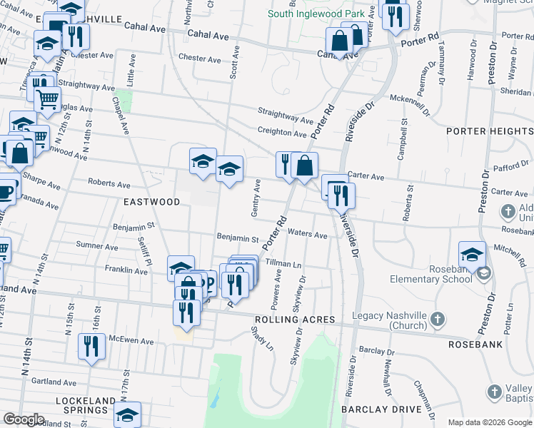 map of restaurants, bars, coffee shops, grocery stores, and more near 2100 Pontotoc Avenue in Nashville