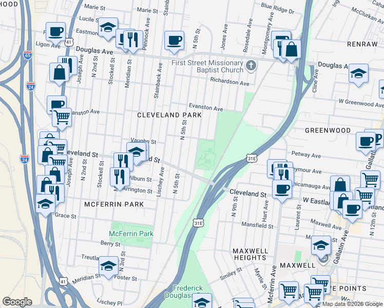 map of restaurants, bars, coffee shops, grocery stores, and more near 916C North 6th Street in Nashville
