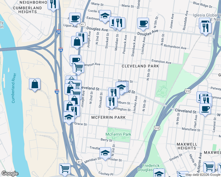 map of restaurants, bars, coffee shops, grocery stores, and more near 901 Meridian Street in Nashville