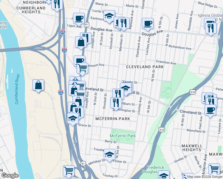 map of restaurants, bars, coffee shops, grocery stores, and more near 907 Stockell Street in Nashville