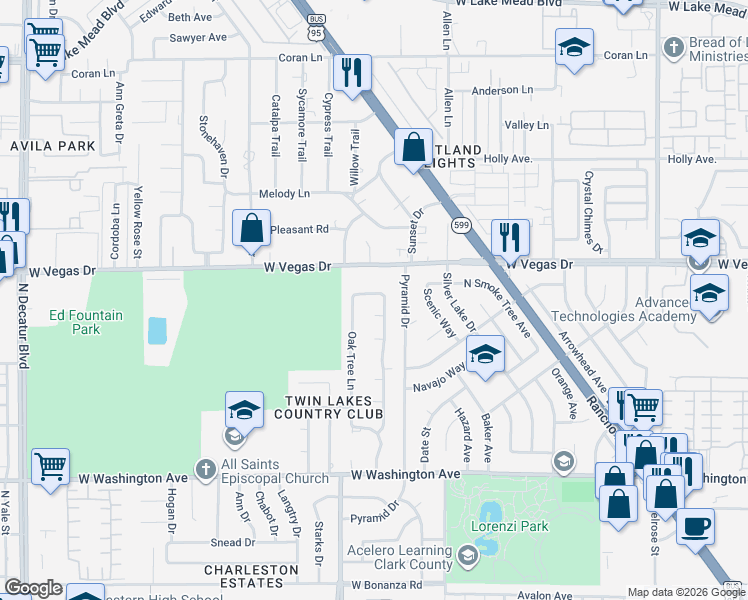 map of restaurants, bars, coffee shops, grocery stores, and more near 3612 Briarglen Lane in Las Vegas