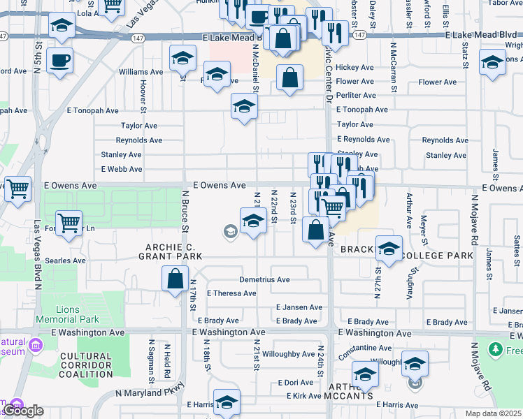 map of restaurants, bars, coffee shops, grocery stores, and more near 1520 North 21st Street in Las Vegas