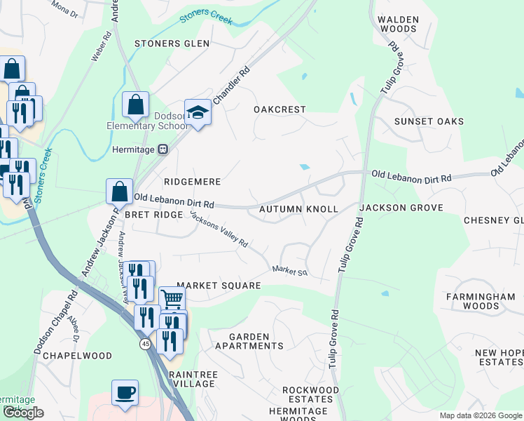 map of restaurants, bars, coffee shops, grocery stores, and more near 405 Autumn Knoll Court in Nashville
