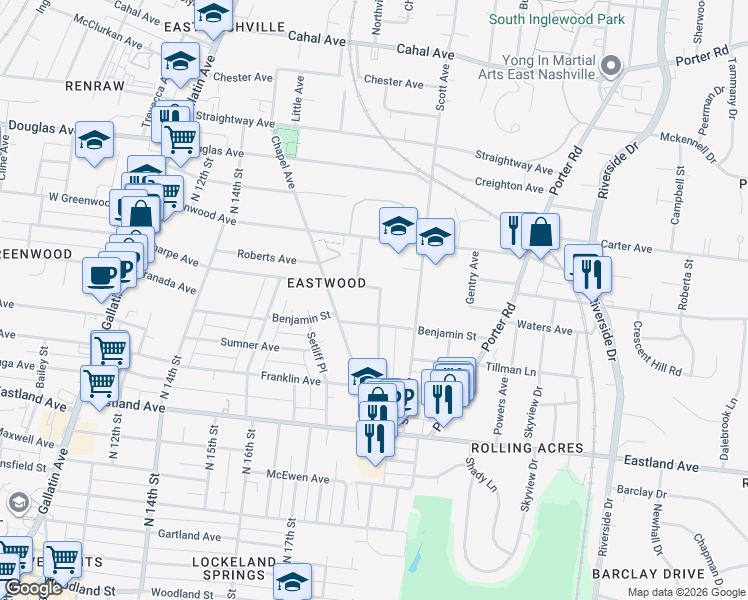 map of restaurants, bars, coffee shops, grocery stores, and more near 313 Manchester Avenue in Nashville