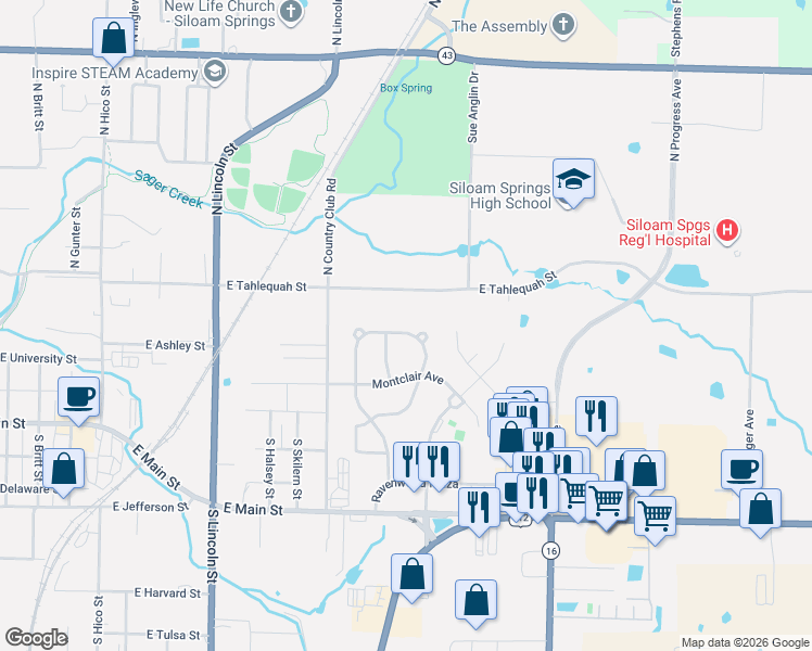 map of restaurants, bars, coffee shops, grocery stores, and more near 520 Primrose Avenue in Siloam Springs