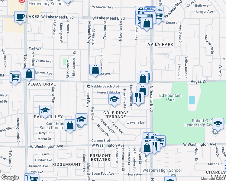 map of restaurants, bars, coffee shops, grocery stores, and more near 5128 Forrest Hills Lane in Las Vegas