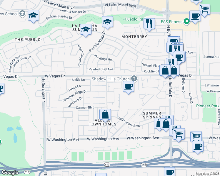 map of restaurants, bars, coffee shops, grocery stores, and more near 1412 Oak Rock Drive in Las Vegas