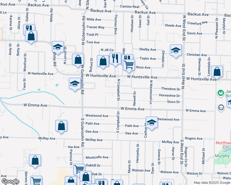 map of restaurants, bars, coffee shops, grocery stores, and more near 2000b Horseshoe Drive in Springdale