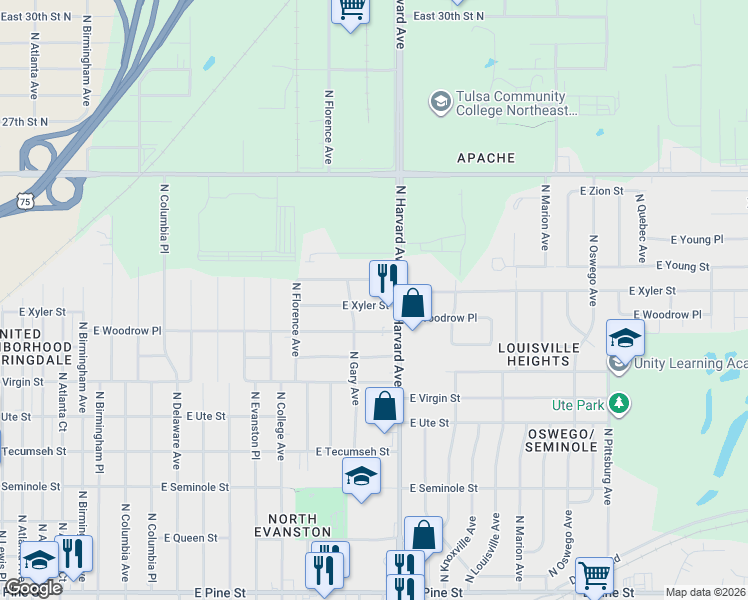 map of restaurants, bars, coffee shops, grocery stores, and more near 3225 East Xyler Street in Tulsa