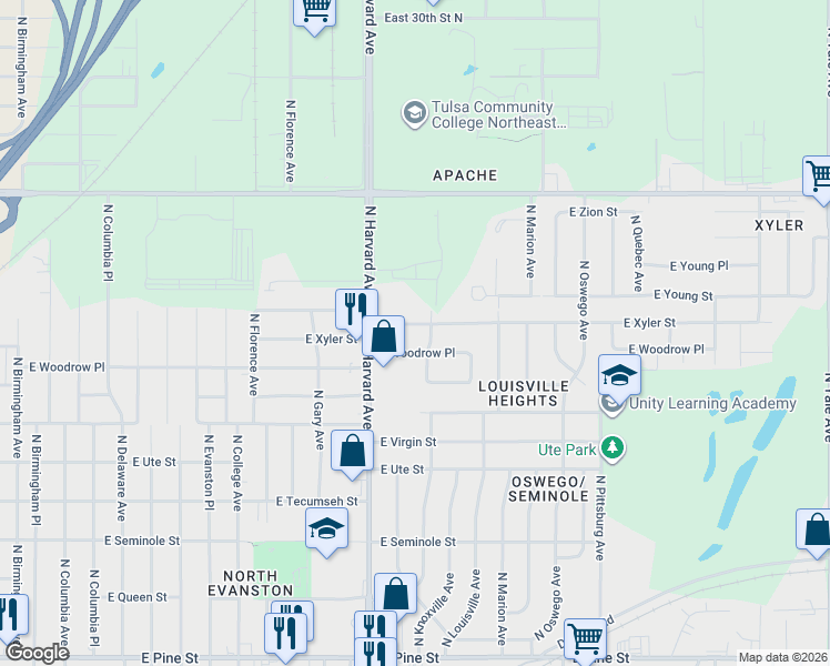 map of restaurants, bars, coffee shops, grocery stores, and more near 3340 East Xyler Street in Tulsa