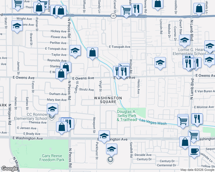 map of restaurants, bars, coffee shops, grocery stores, and more near 1512 North Stevens Street in Las Vegas
