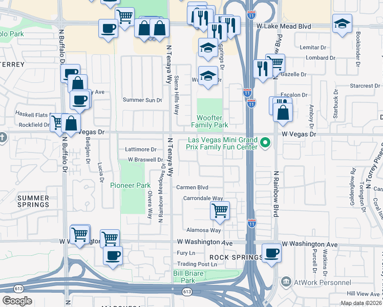 map of restaurants, bars, coffee shops, grocery stores, and more near 7213 Bronze Circle in Las Vegas