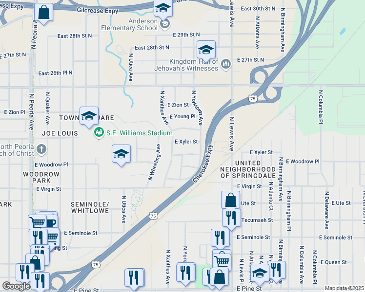 map of restaurants, bars, coffee shops, grocery stores, and more near 2022 East Xyler Street in Tulsa