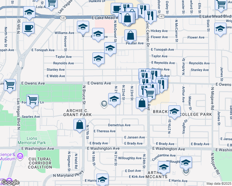 map of restaurants, bars, coffee shops, grocery stores, and more near 1520 North 21st Street in Las Vegas