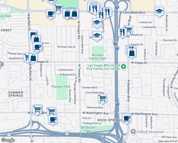 map of restaurants, bars, coffee shops, grocery stores, and more near 7213 Bronze Circle in Las Vegas