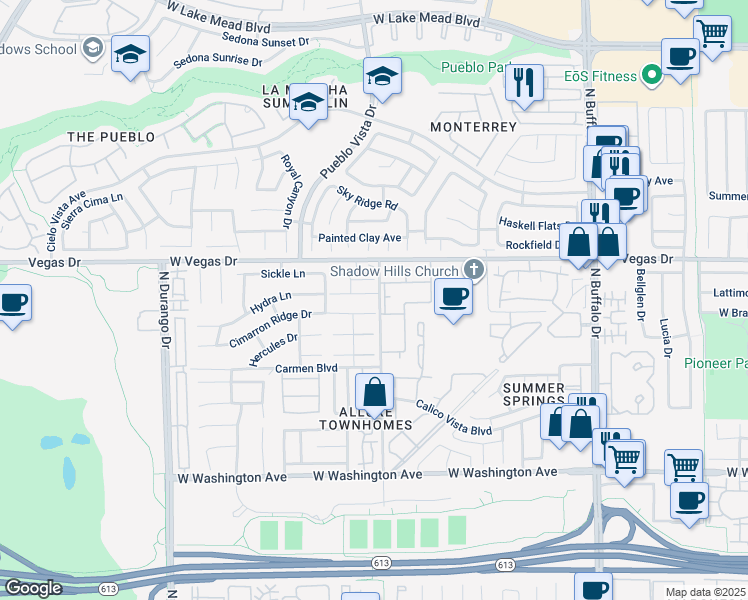 map of restaurants, bars, coffee shops, grocery stores, and more near 1412 Oak Rock Drive in Las Vegas