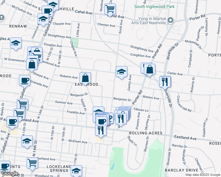 map of restaurants, bars, coffee shops, grocery stores, and more near 313 Scott Avenue in Nashville