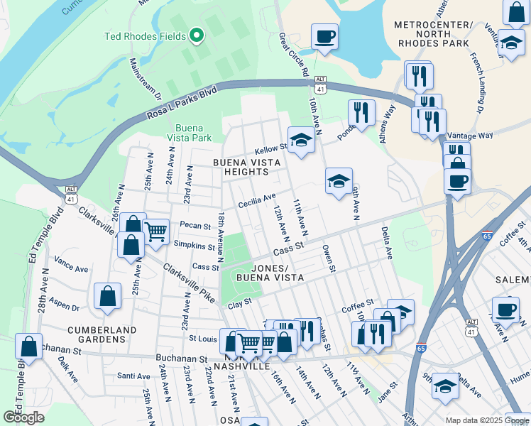 map of restaurants, bars, coffee shops, grocery stores, and more near 2130 14th Avenue in Nashville