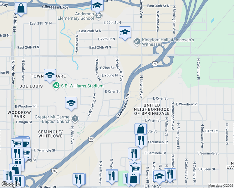 map of restaurants, bars, coffee shops, grocery stores, and more near 2250 North Yorktown Avenue in Tulsa