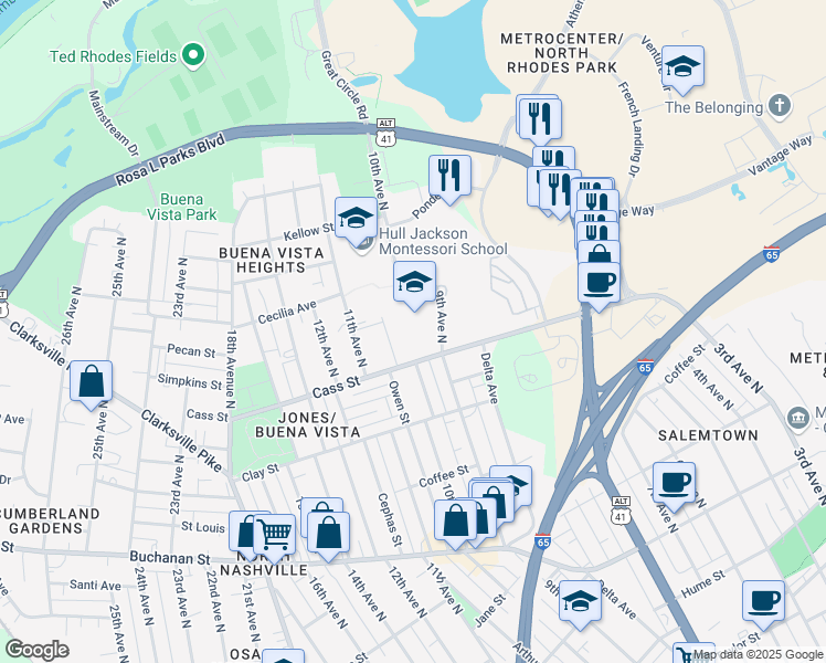 map of restaurants, bars, coffee shops, grocery stores, and more near 1000 Cass Street in Nashville