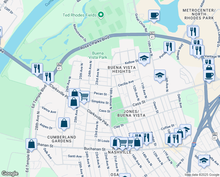 map of restaurants, bars, coffee shops, grocery stores, and more near 1701 McKinney Avenue in Nashville