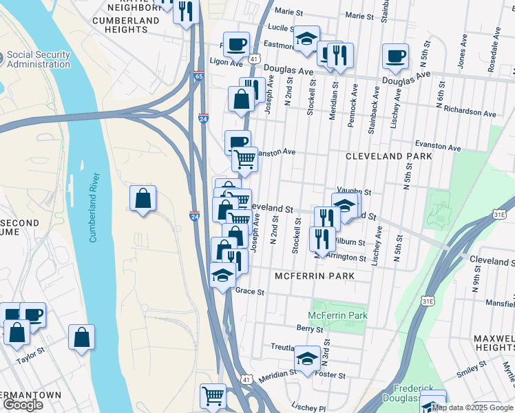 map of restaurants, bars, coffee shops, grocery stores, and more near Joseph Avenue in Nashville