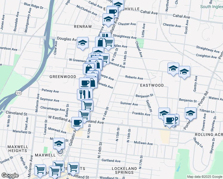 map of restaurants, bars, coffee shops, grocery stores, and more near 925 North 14th Street in Nashville