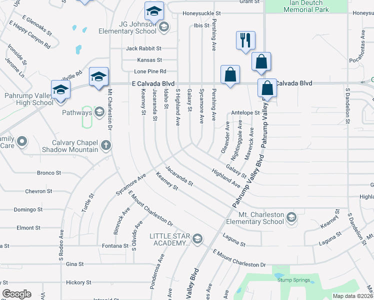 map of restaurants, bars, coffee shops, grocery stores, and more near 1051 Galaxy Street in Pahrump