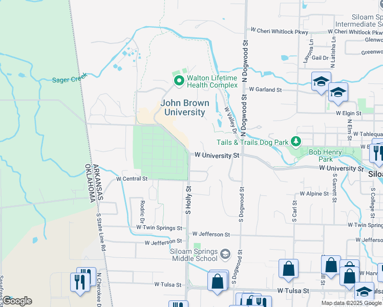 map of restaurants, bars, coffee shops, grocery stores, and more near 2000 West University Street in Siloam Springs