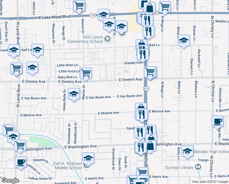 map of restaurants, bars, coffee shops, grocery stores, and more near 4918 East Van Buren Avenue in Las Vegas