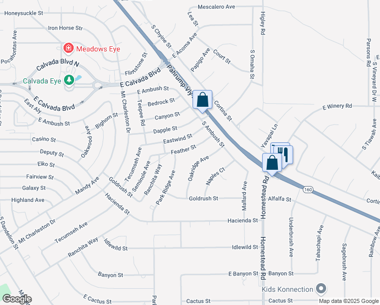 map of restaurants, bars, coffee shops, grocery stores, and more near 2661 Feather Street in Pahrump