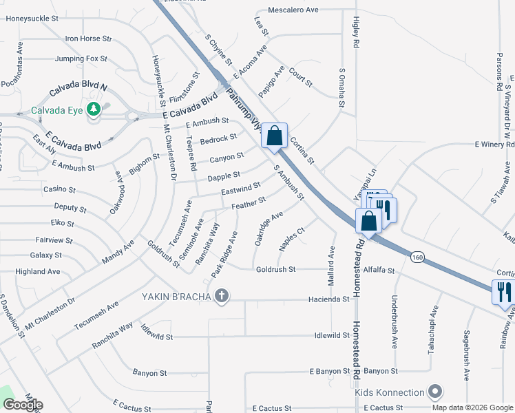map of restaurants, bars, coffee shops, grocery stores, and more near 2661 Feather Street in Pahrump