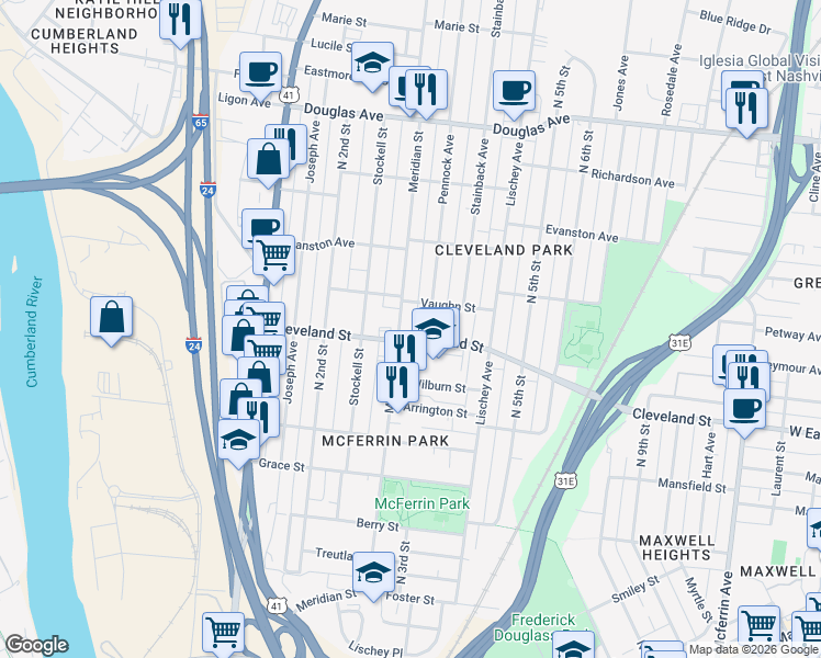 map of restaurants, bars, coffee shops, grocery stores, and more near 901 Meridian Street in Nashville