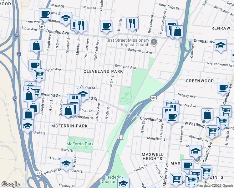 map of restaurants, bars, coffee shops, grocery stores, and more near 916C North 6th Street in Nashville