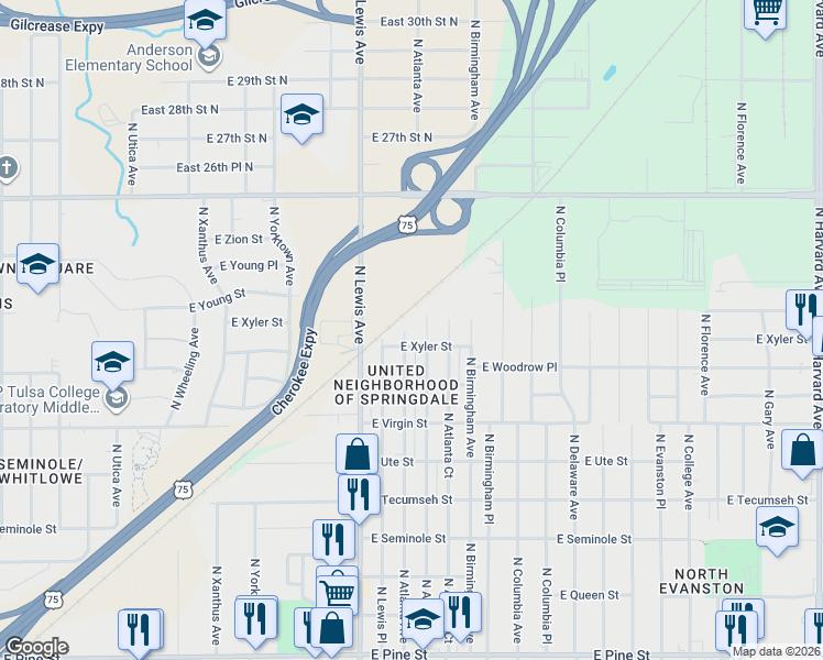 map of restaurants, bars, coffee shops, grocery stores, and more near 2315 North Atlanta Avenue in Tulsa