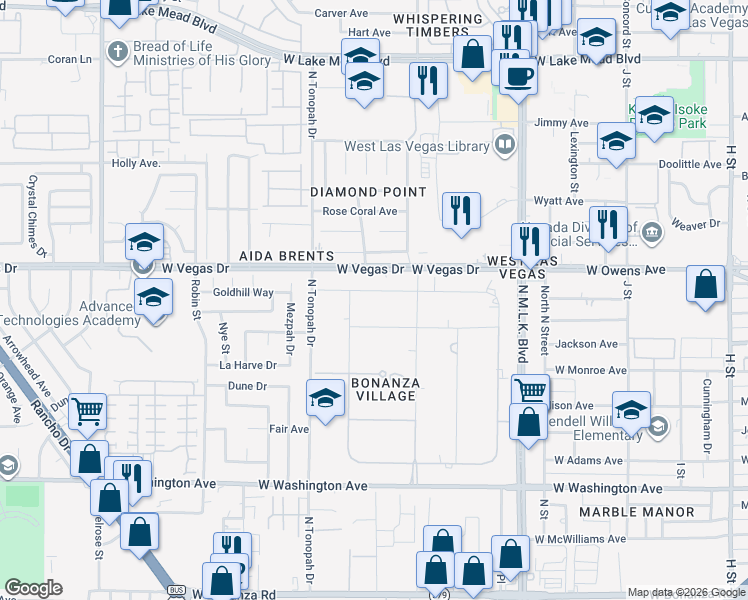map of restaurants, bars, coffee shops, grocery stores, and more near 1931 Goldhill Avenue in Las Vegas