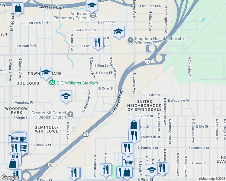 map of restaurants, bars, coffee shops, grocery stores, and more near 2250 North Yorktown Avenue in Tulsa