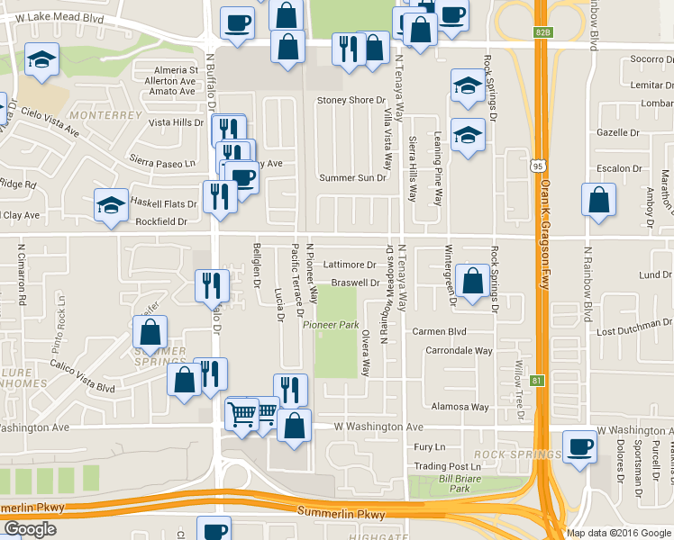 map of restaurants, bars, coffee shops, grocery stores, and more near 7421 Lattimore Drive in Las Vegas