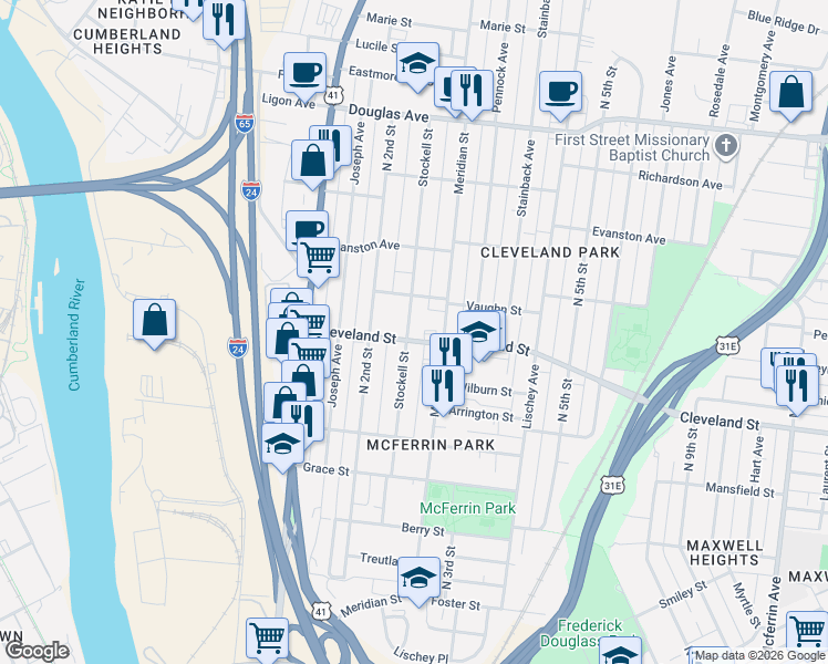 map of restaurants, bars, coffee shops, grocery stores, and more near 907 Stockell Street in Nashville