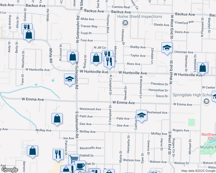 map of restaurants, bars, coffee shops, grocery stores, and more near 2000 Horseshoe Drive in Springdale