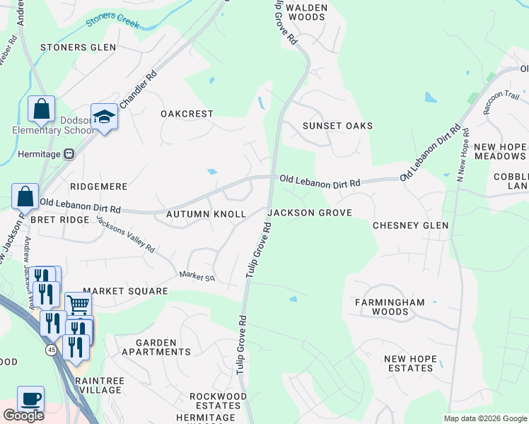 map of restaurants, bars, coffee shops, grocery stores, and more near 2180 Strombury Drive in Nashville