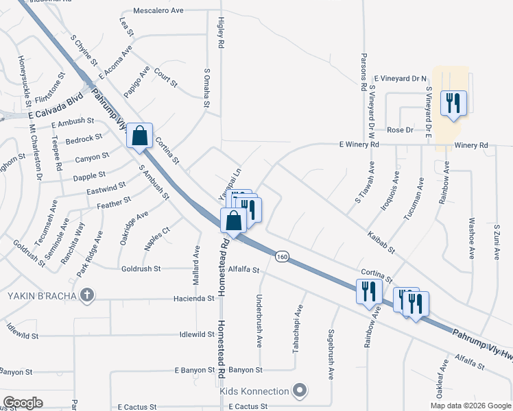 map of restaurants, bars, coffee shops, grocery stores, and more near 2221 Winery Road in Pahrump