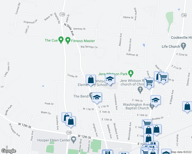 map of restaurants, bars, coffee shops, grocery stores, and more near 1935 Bouton Bend in Cookeville