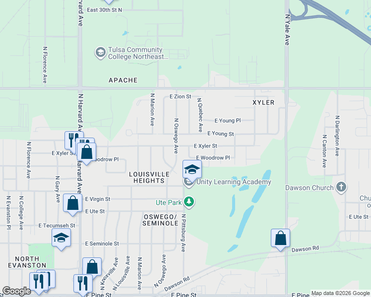 map of restaurants, bars, coffee shops, grocery stores, and more near 4018 East Xyler Street in Tulsa