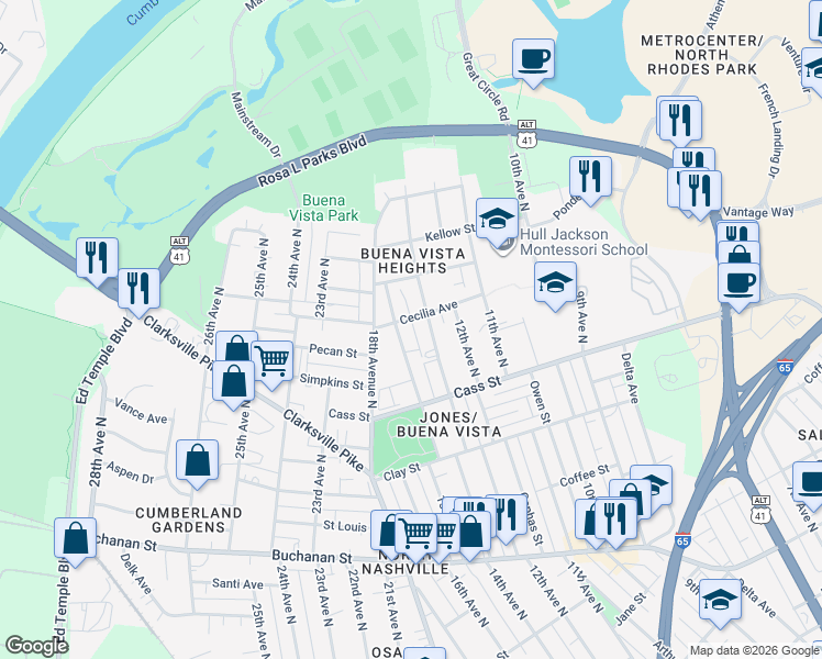 map of restaurants, bars, coffee shops, grocery stores, and more near 2138 15th Avenue North in Nashville